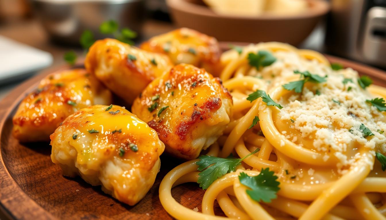 Garlic Butter Chicken Bites with Creamy Parmesan Pasta